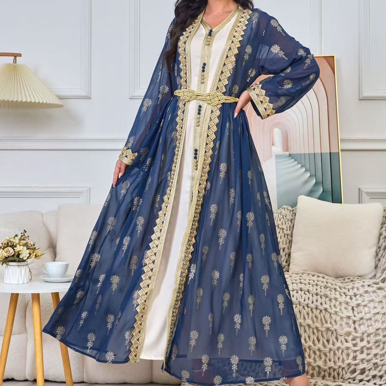 Large Size Women's Robe Embroidered Cardigan Dubai Middle East Two-piece Dress V-Neck European and American Long Sleeve Bohemia - AuraKin