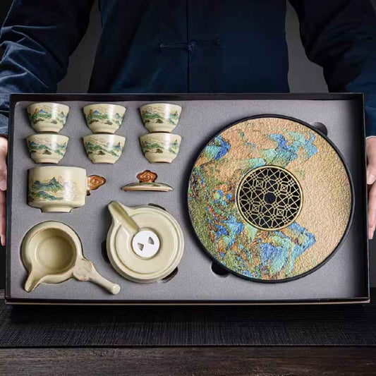 Ru kiln tea set household light luxury high-end Kung Fu tea cup thousand miles Jiangshan gift box housewarming for elders and fathers