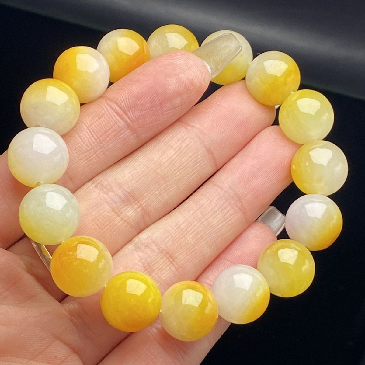 Myanmar Jadeite Bracelets - Natural Laokeng Ice Glutinous Full Color White Ice Yellow Jade 13mm Round Beads for Men and Women - AuraKin