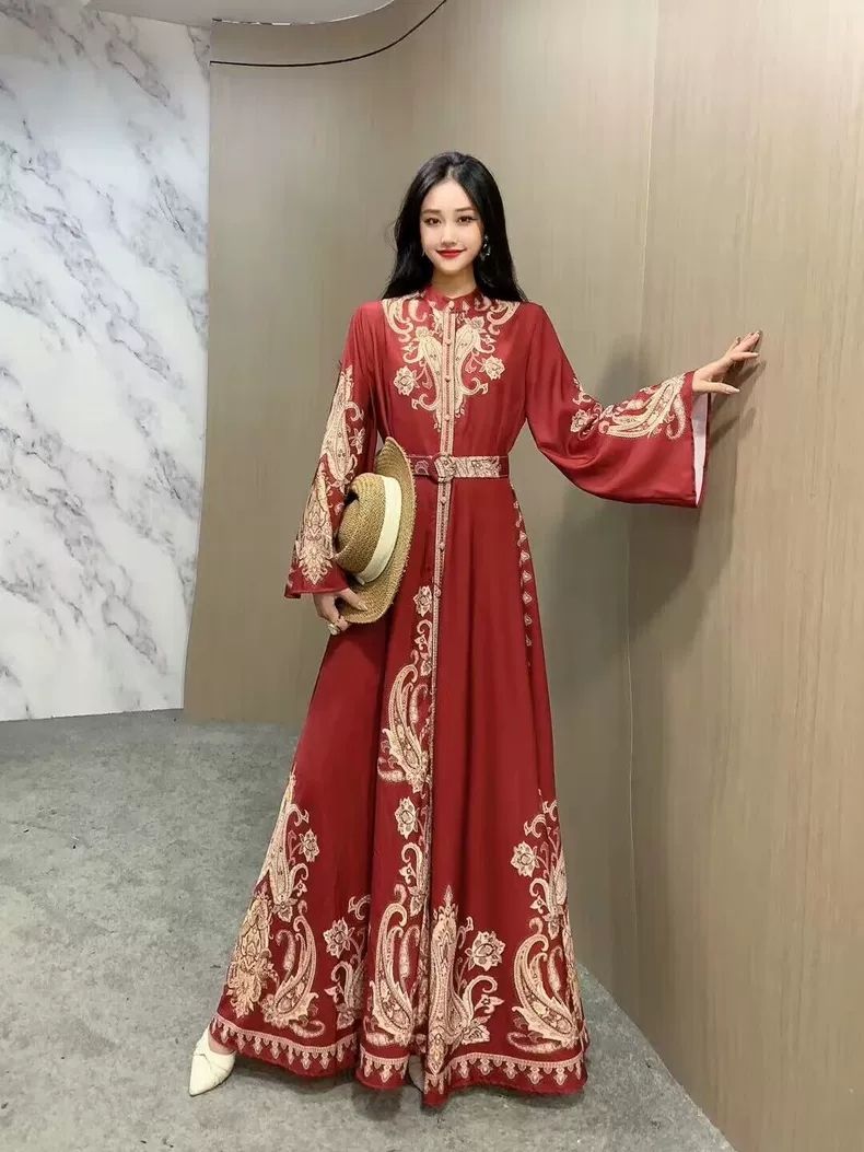 European and American court retro style lantern sleeves single-breasted shirt skirt women's autumn color matching printing big pendulum long dress - AuraKin