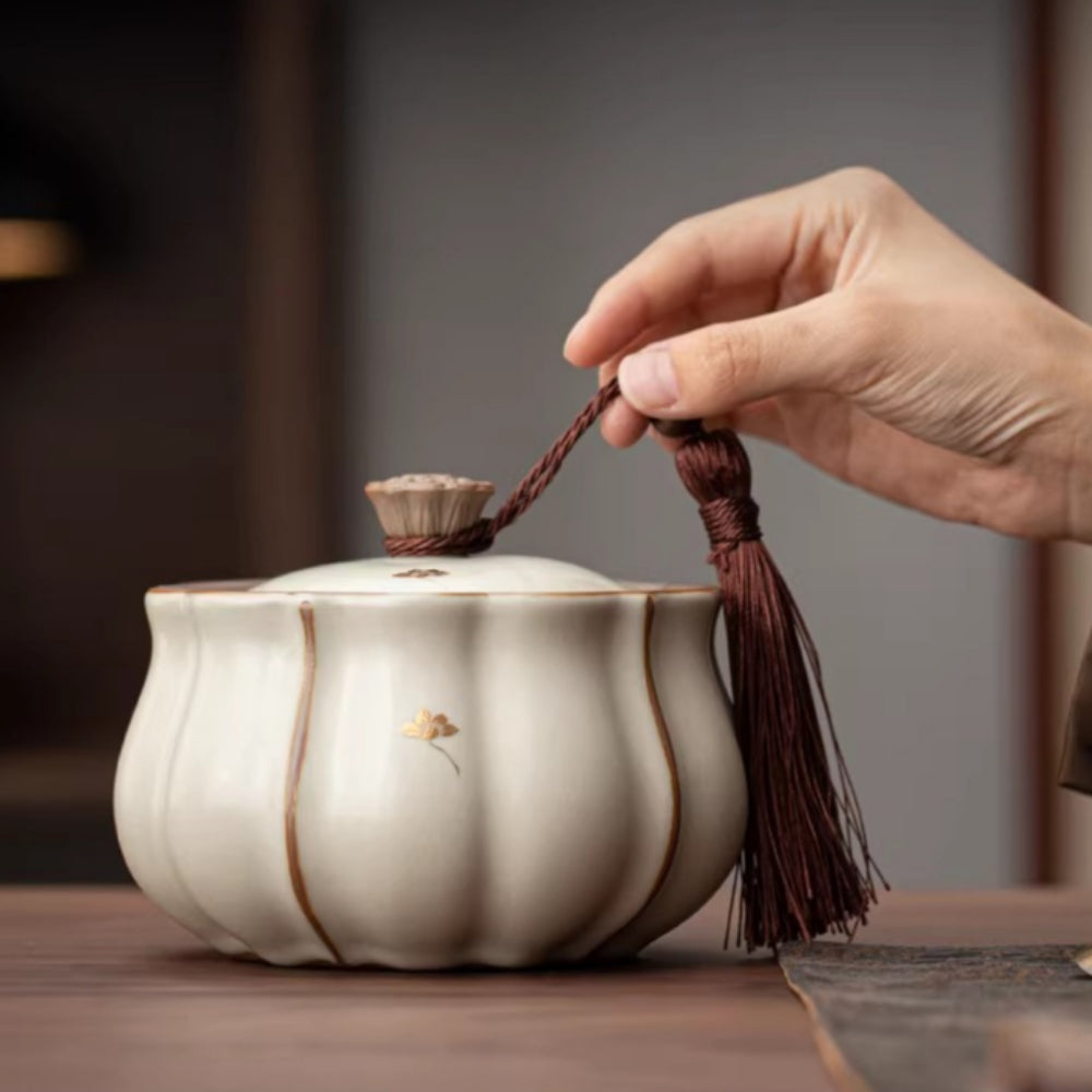 Beige Ru kiln tea sealed jar creative retro lotus tea storage tank green tea black tea universal moisture-proof tea jar - AuraKin