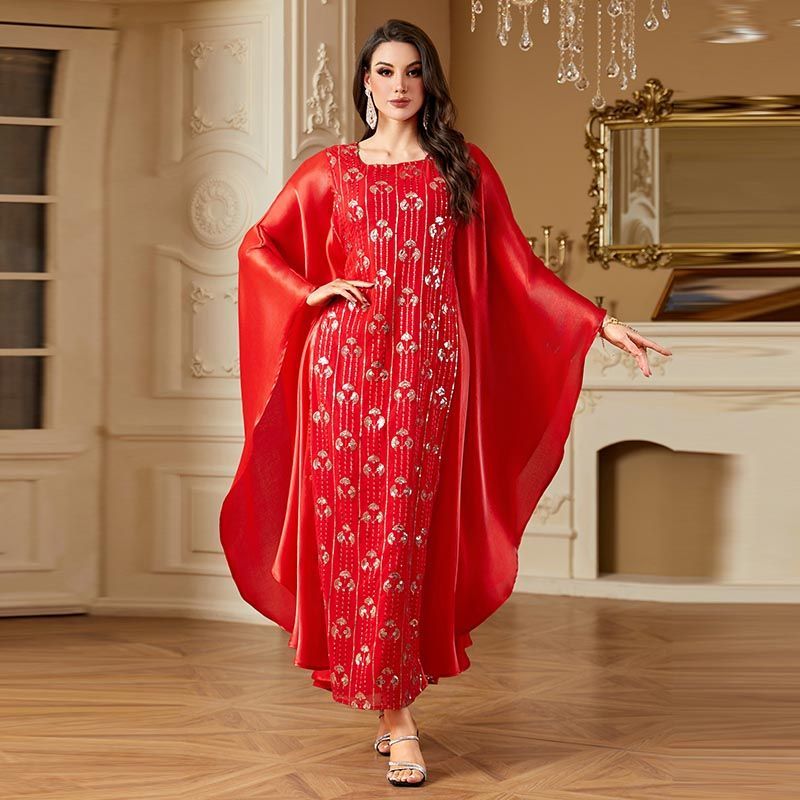 Dubai style banquet red dress dress fat girl bat sleeve long dress Xinjiang heavy industry embroidered robe middle - AuraKin