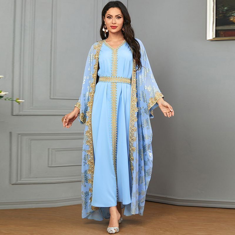 Turkey Dubai women's bronzing V-neck two-piece robe summer dress temperament luxury dress Malay travel dress middle - AuraKin
