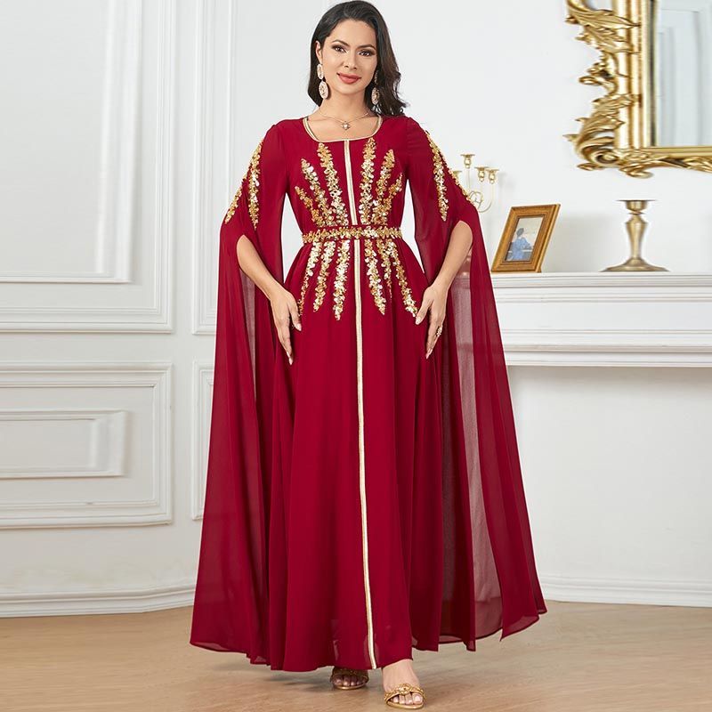 Middle East Dubai Party Dress Red Temperament Fashion Split Sleeve Dress Ethnic Bead Piece Embroidered Robe - AuraKin