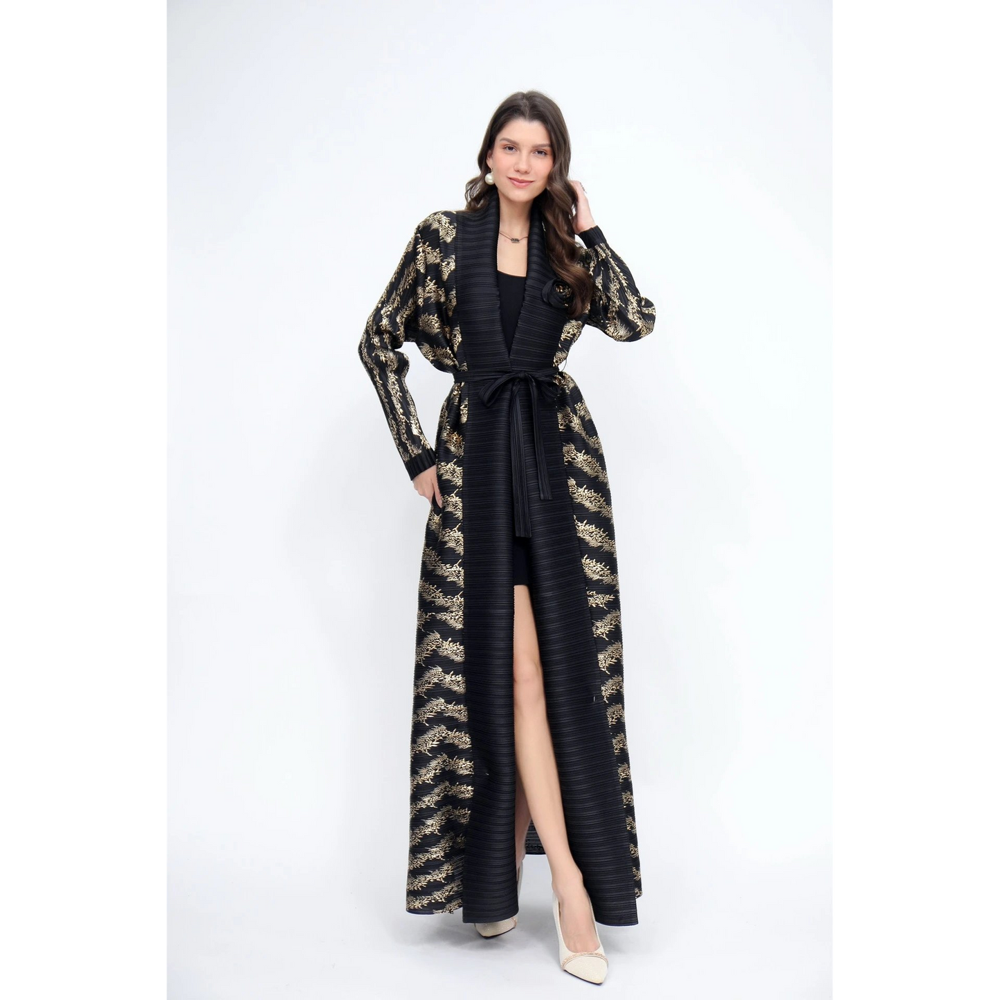 Bronzing cardigan long Middle East popular Arabic robe pleated women's lapel Dubai elastic jacket comfortable and excellent - AuraKin