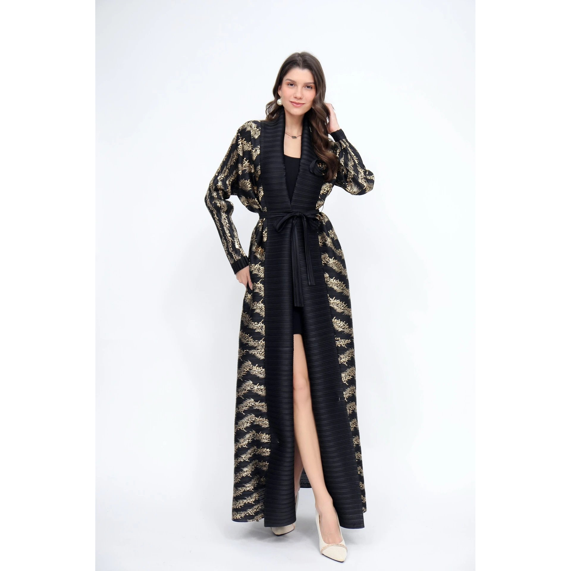 Bronzing cardigan long Middle East popular Arabic robe pleated women's lapel Dubai elastic jacket comfortable and excellent - AuraKin