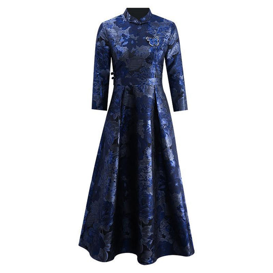 Chinese style temperament long fluffy cheongsam dress autumn new jacquard elegant retro mother dress
