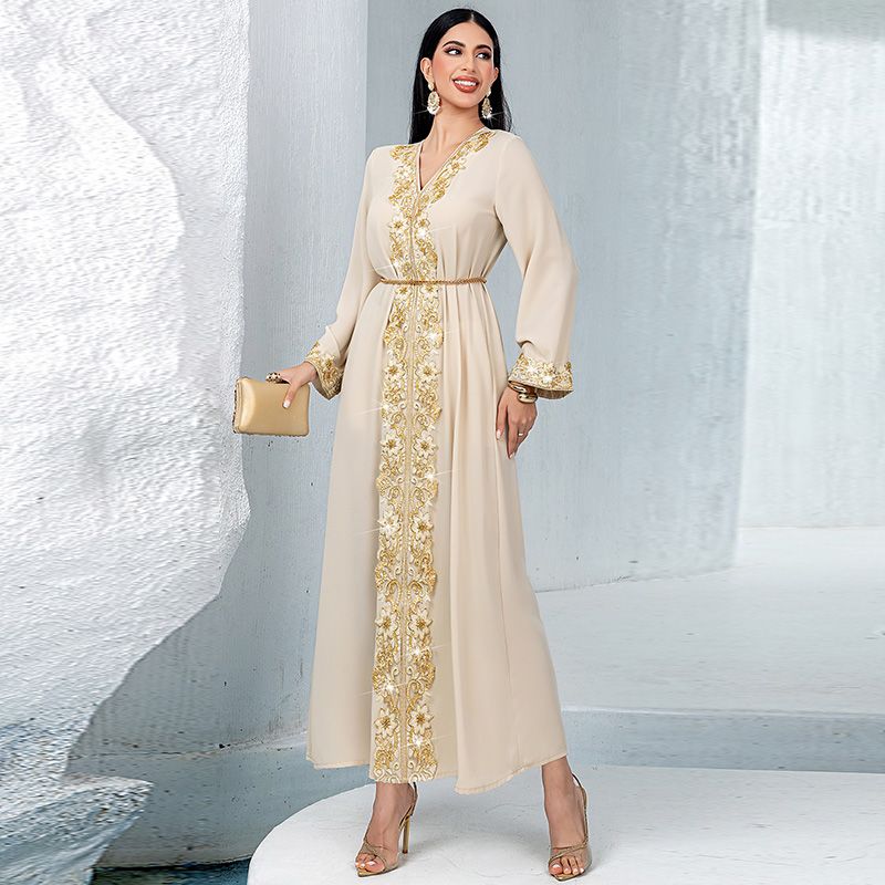 New Dubai women's clothing apricot V-neck A-shaped skirt banquet dress skirt Arabian lace rice bead embroidered super robe middle - AuraKin