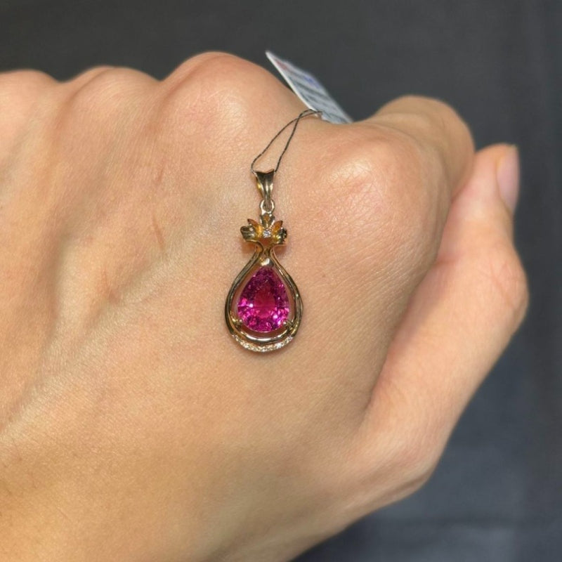 18k Gold Red Tourmaline Necklace with Water Drop Pink Rubilai and Diamond Magnolia Flower Pendant 7*10mm Custom - AuraKin