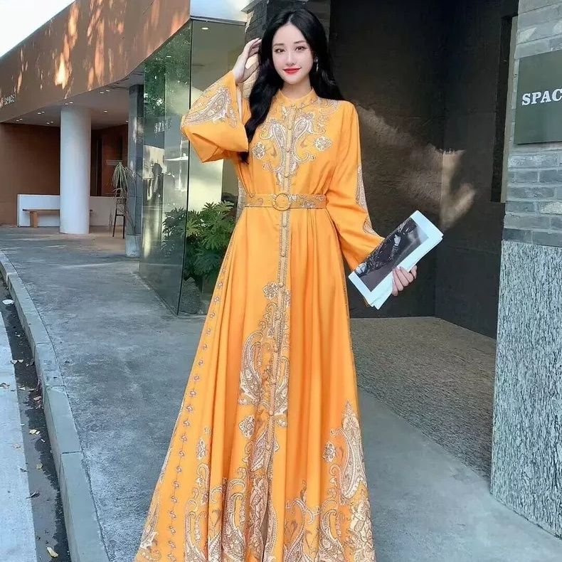European and American court retro style lantern sleeves single-breasted shirt skirt women's autumn color matching printing big pendulum long dress - AuraKin