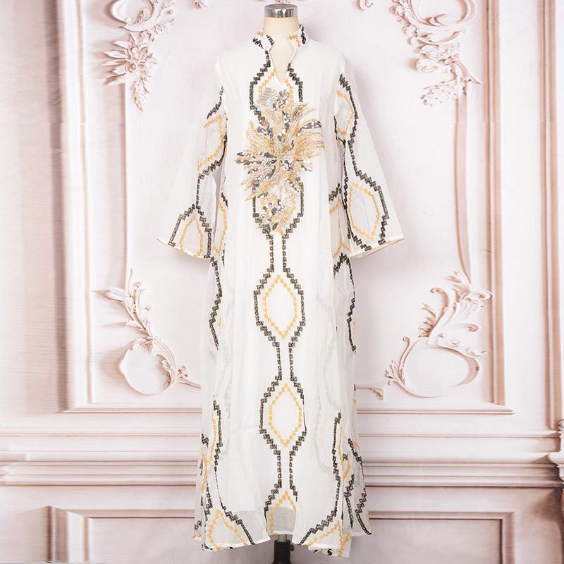 Dubai Women's Robe V-Neck Celebrity Banquet Dress Conservative Dress Collar Sequins Turkish Travel Dress middle - AuraKin