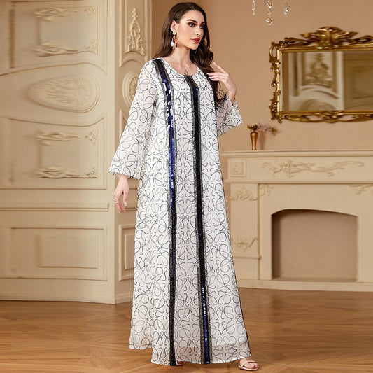 Carl and Dubai bead embroidered long dress crew neck conservative women's clothing Malay Indian fashion robe middle - AuraKin