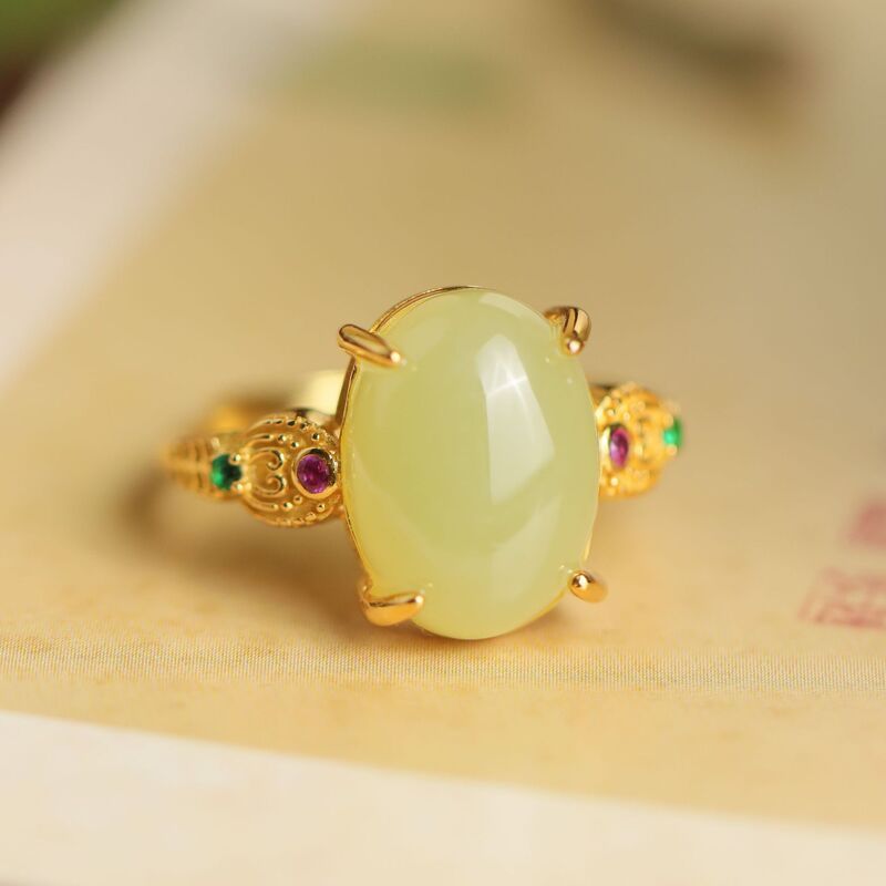 Natural Hetian Jade Ruyi Ring S925 Silver-Plated Open Ring Wholesale Yellow - AuraKin