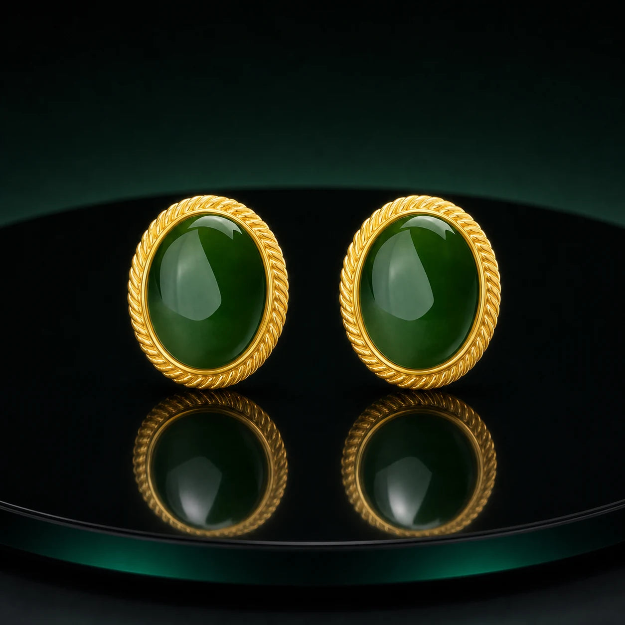 Green jade earrings on an obsidian mirror