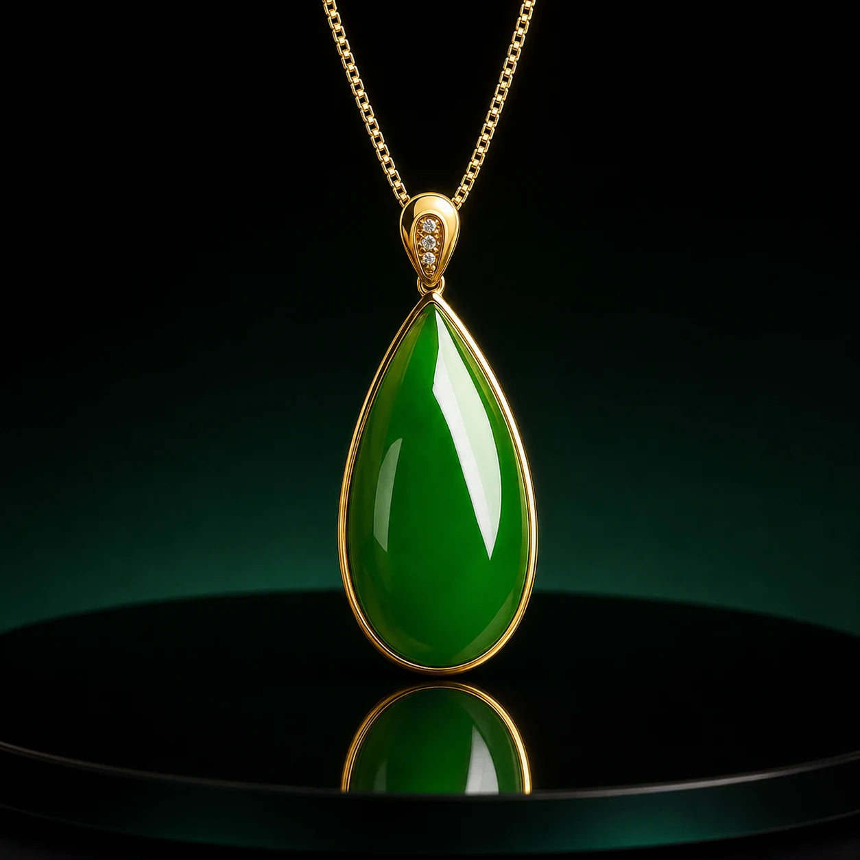 One-of-one forest green jade pendant on an obsidian mirror