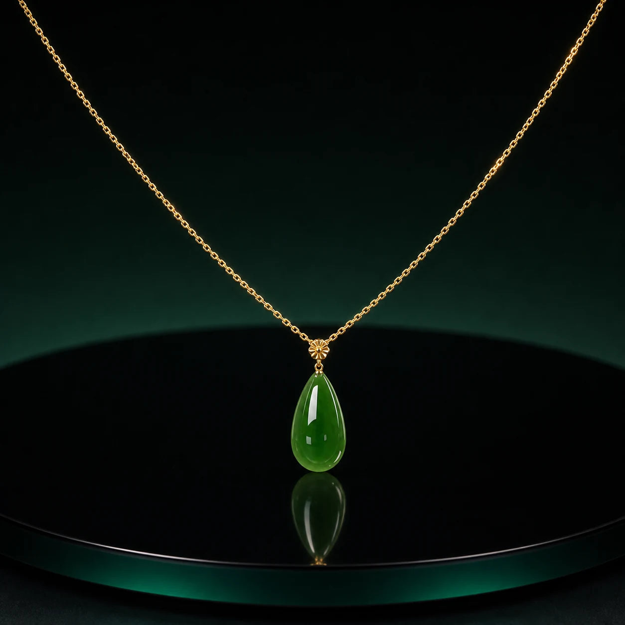 Deep green jade pendant on an obsidian mirror